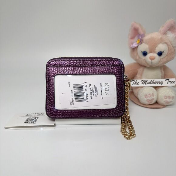 Coach CF415 Metallic Plum Purple Zip Card Case Pebble Leather Chain ID Wallet - Picture 2 of 8